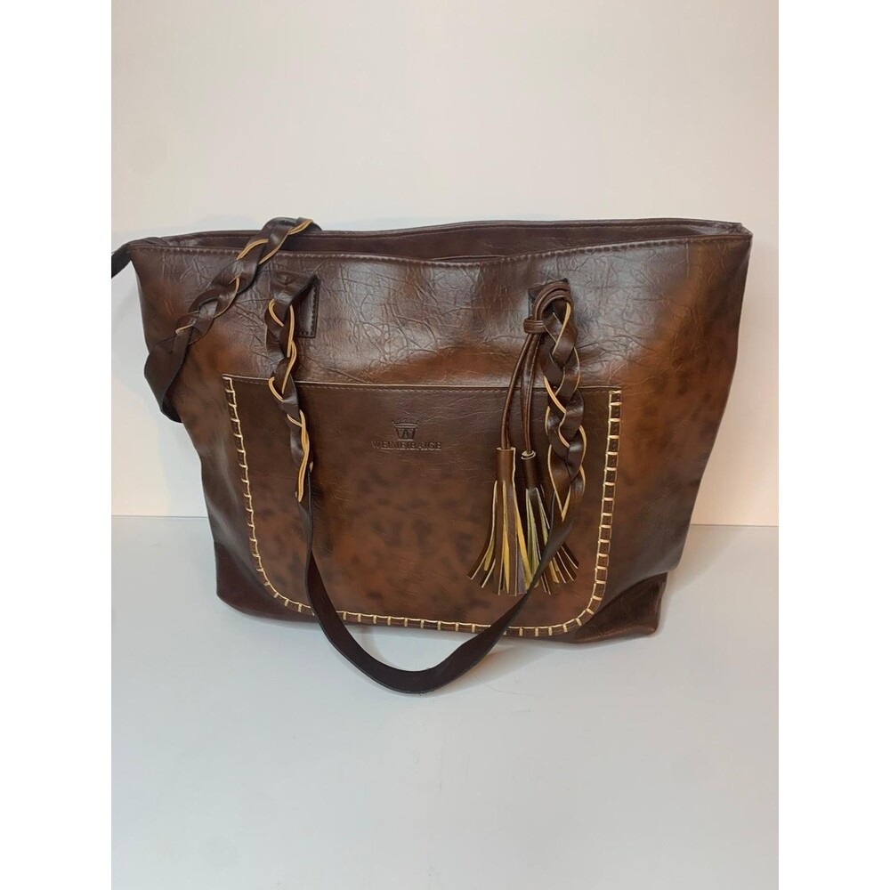 Weimeibaige Brown Faux Leather Shoulder Bag Tote Purse Braided Straps Tassel